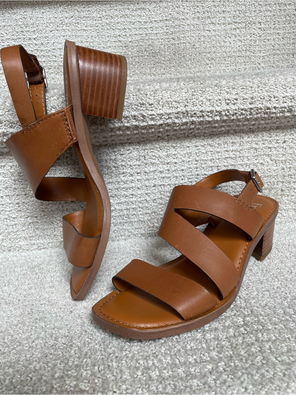 Franco Sarto Camel Leather Asymmetrical Strappy Block Heeled Sandals 7.5M